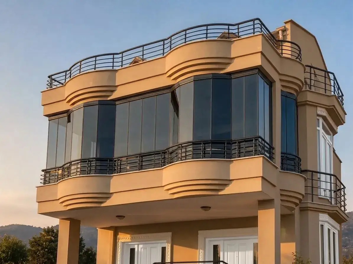 Temsilî görsel: kavisli balkonlu villa cephesinde koyu profilli cam balkon