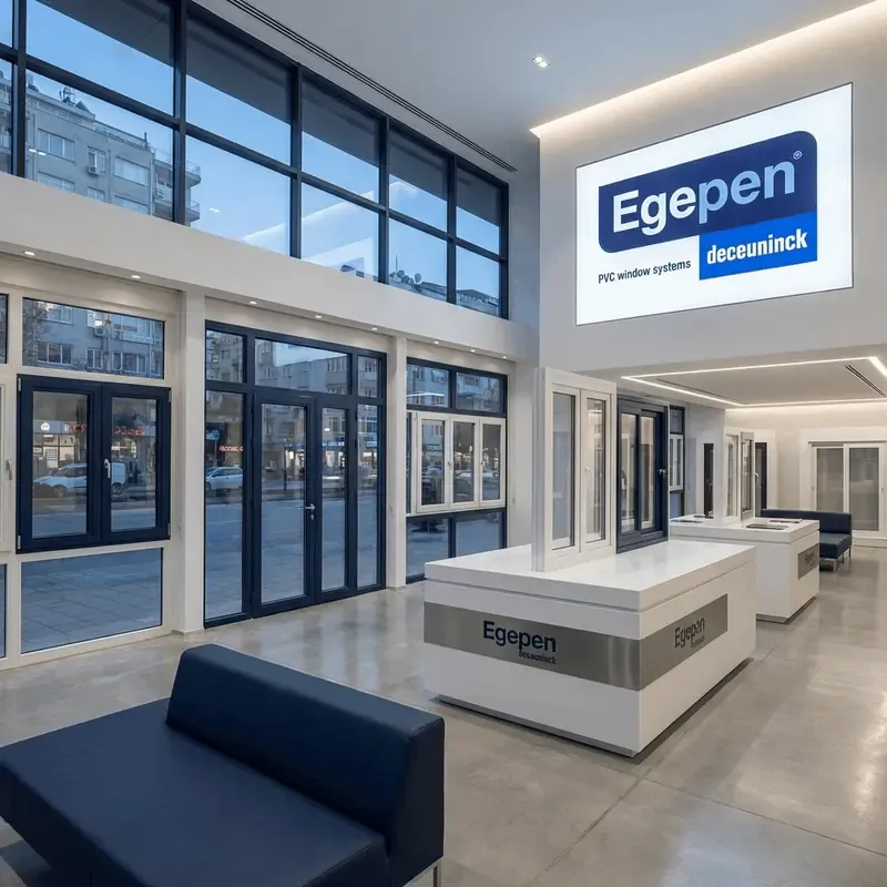 PVC pencere ve kapı numunelerinin sergilendiği bir Egepen showroom'u — temsilî görsel